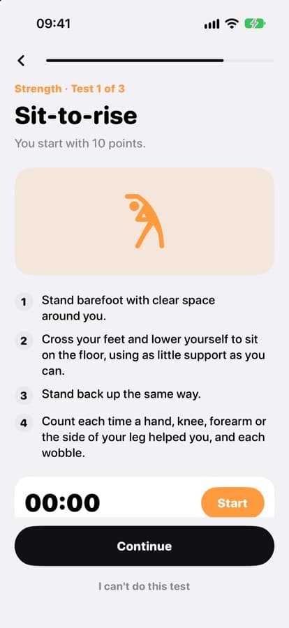A guided sit-to-rise test with a demo and a timer