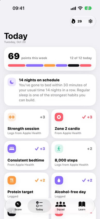 The Today tab with daily habits and weekly points